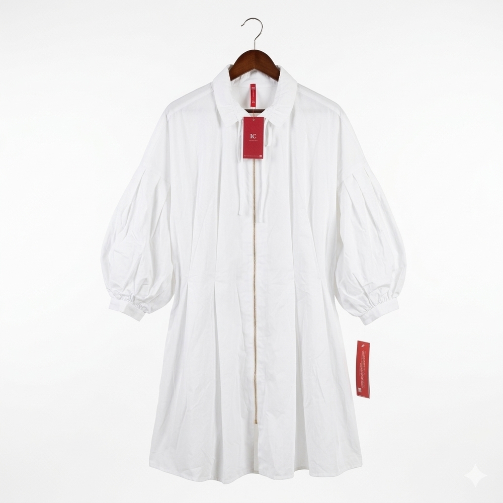 NWT IC Collection White Zip Front Puff Sleeve Tunic Lagenlook Artsy Size 1X